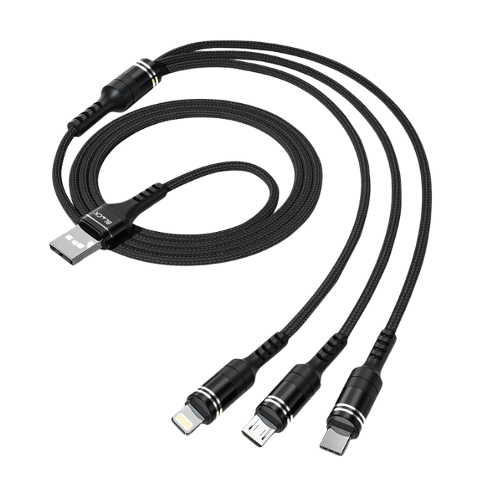 BLACK Cable M 3 in 1 Strong Charging cable for Android & Apple, 1.2m, 1Yr warranty