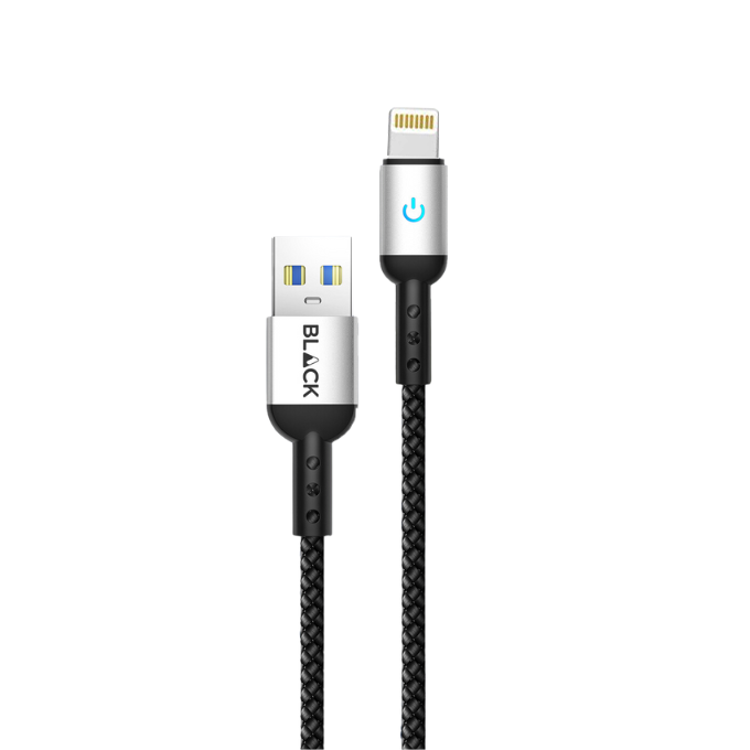 BLACK Cable Strong&Fast Nylon USB A to Apple, 25k+ bend, LED, 1.2m, 1Yr warranty