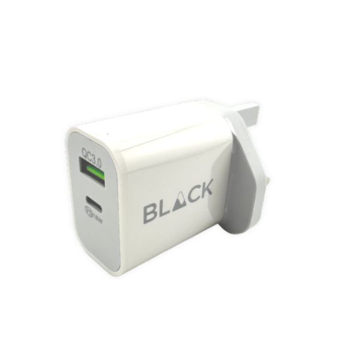 BLACK Power W 2 in 1 Fast Charging Brick 18W with USB A and C, 1Yr warranty