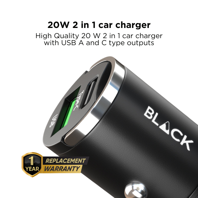 BLACK Power C 2 in 1 Fast Car Charger Metal 100W with USB A and C, 1Yr warranty