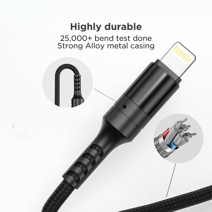 BLACK Cable M 3 in 1 Strong Charging cable for Android & Apple, 1.2m, 1Yr warranty