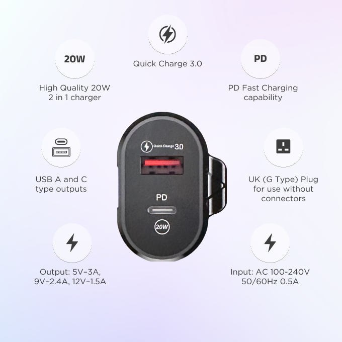 BLACK Power B 2 in 1 Fast Charging Brick 20W with USB A and C, 1Yr warranty