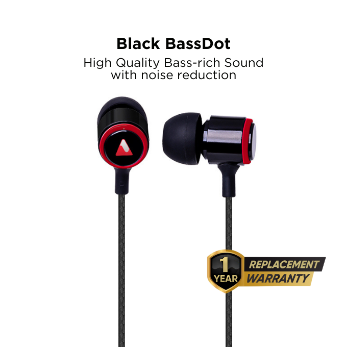 BLACK BassDot Nylon Wired In-ear with mic, call, music, vol control, 1Yr Warranty