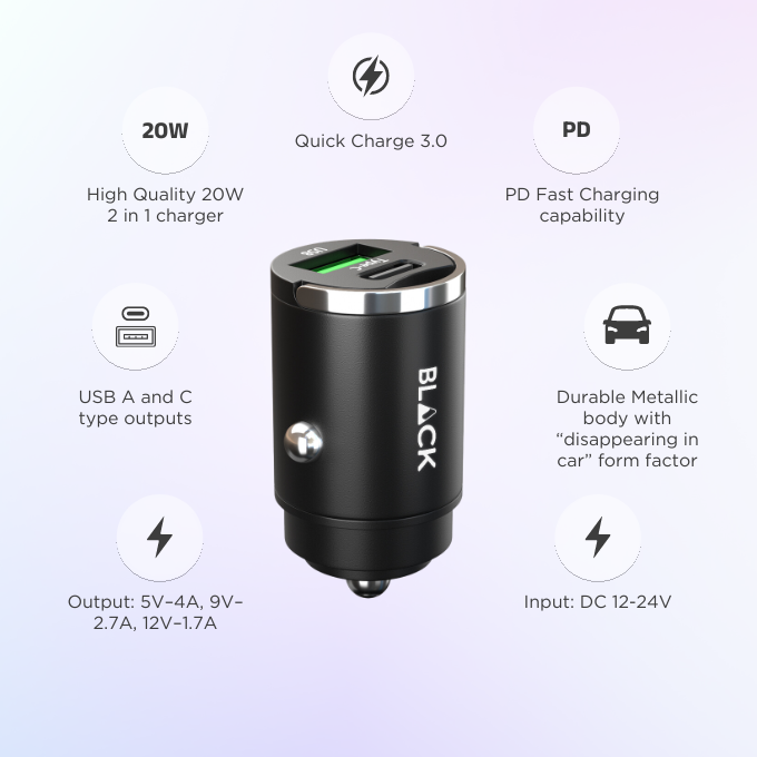 BLACK Power C 2 in 1 Fast Car Charger Metal 100W with USB A and C, 1Yr warranty