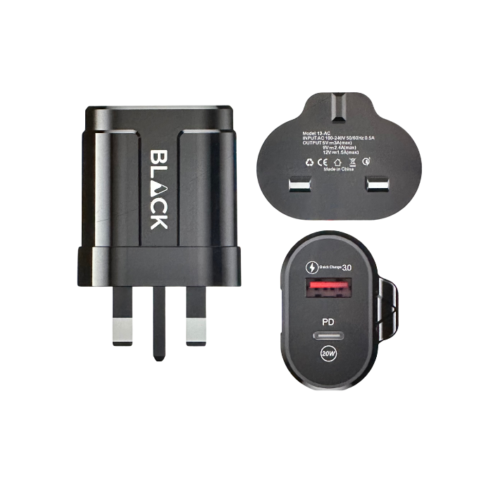 BLACK Power B 2 in 1 Fast Charging Brick 20W with USB A and C, 1Yr warranty