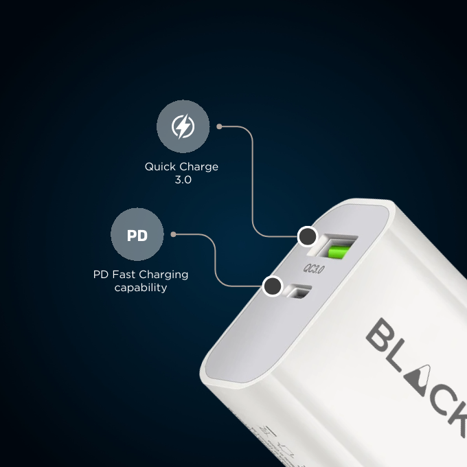 BLACK Power W 2 in 1 Fast Charging Brick 18W with USB A and C, 1Yr warranty