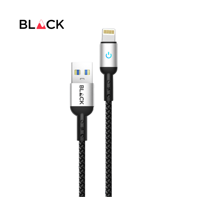 BLACK Cable Strong&Fast Nylon USB A to Apple, 25k+ bend, LED, 1.2m, 1Yr warranty