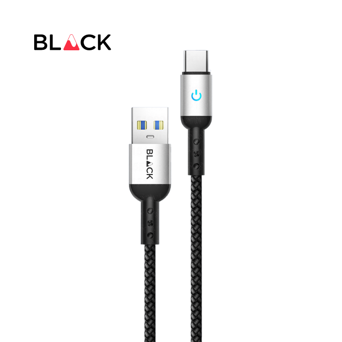 BLACK Cable Strong&Fast Nylon USB A to C, 25000+ bend, LED, 1.2m, 1Yr warranty