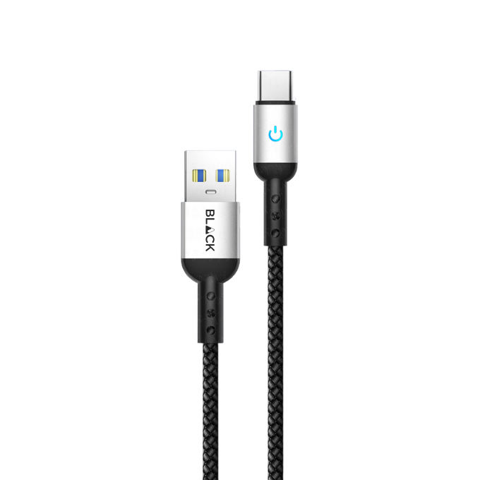 BLACK Cable Strong&Fast Nylon USB A to C, 25000+ bend, LED, 1.2m, 1Yr warranty