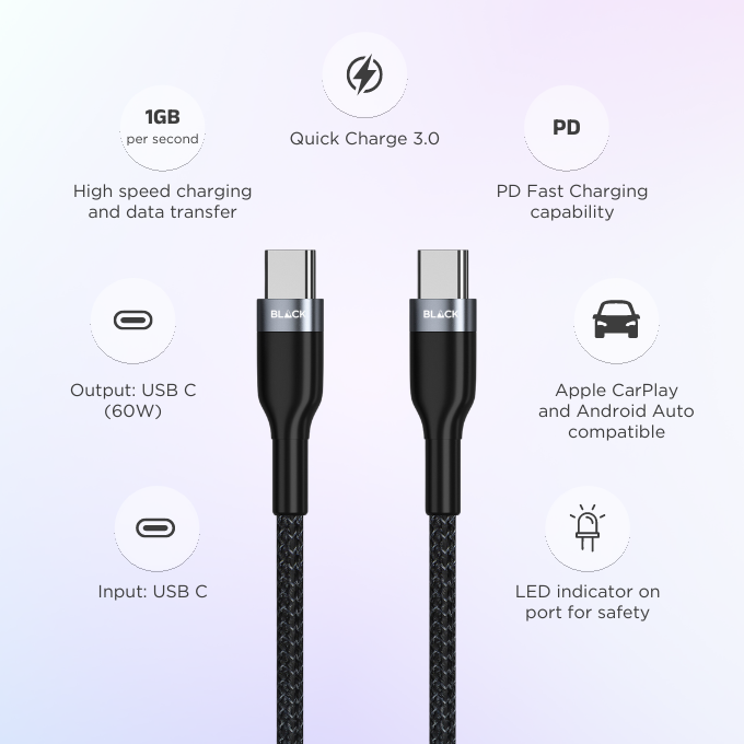 BLACK Cable Strong & Fast Nylon USB C to C, 25000+ bends, 60W, 1.2m, 1Yr warranty