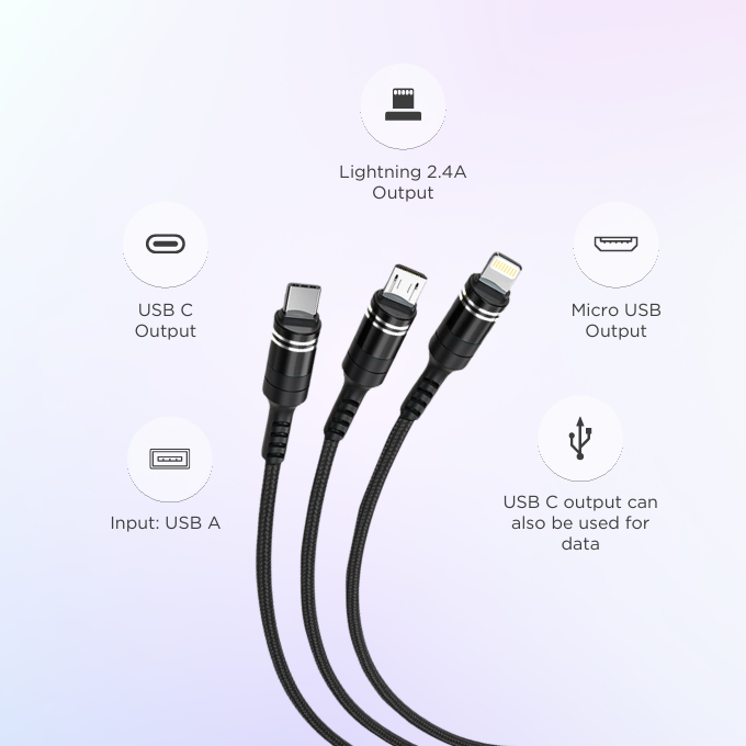 BLACK Cable M 3 in 1 Strong Charging cable for Android & Apple, 1.2m, 1Yr warranty