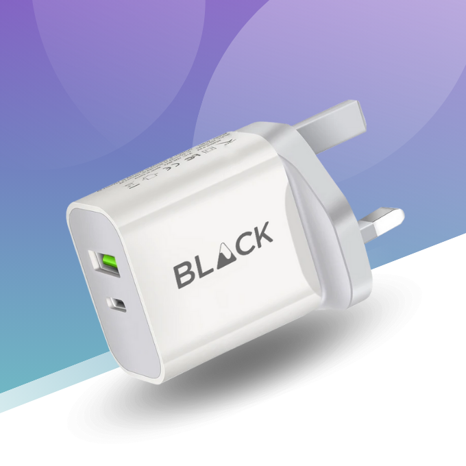 BLACK Power W 2 in 1 Fast Charging Brick 18W with USB A and C, 1Yr warranty